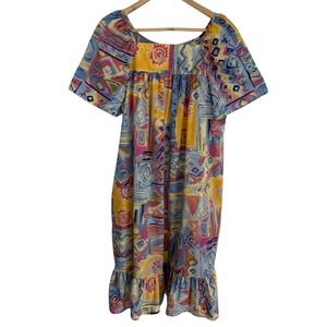 Vintage 90s Haband Abstract Print Babydoll Dress L Cotton Blend Retro Artsy
